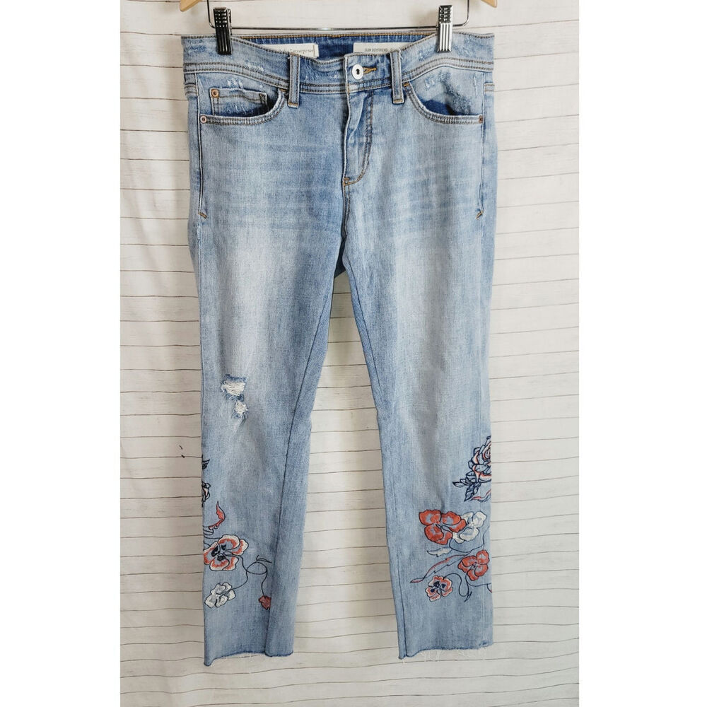 PILCRO SLIM BOYFRIEND EMBROIDERED FLORAL JEANS, SZ 26